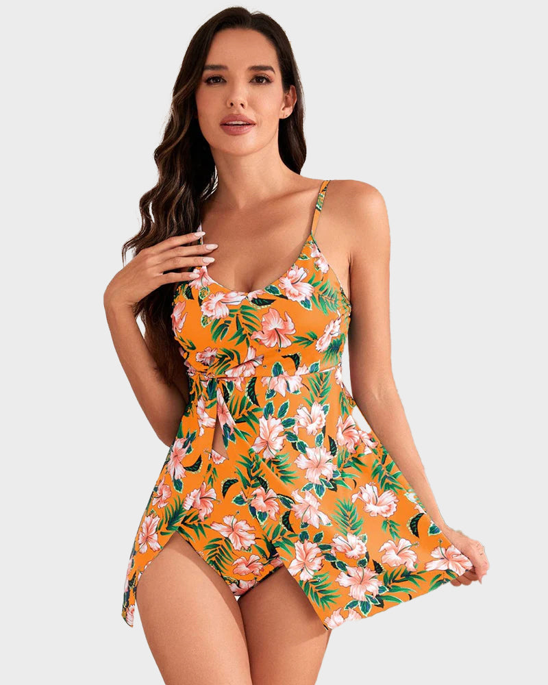 Tummy Control V Neck Twist Knot Tropical Skirted Swimdress