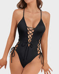 Deep Plunge V Neck High Cut Lace Up Swimsuit