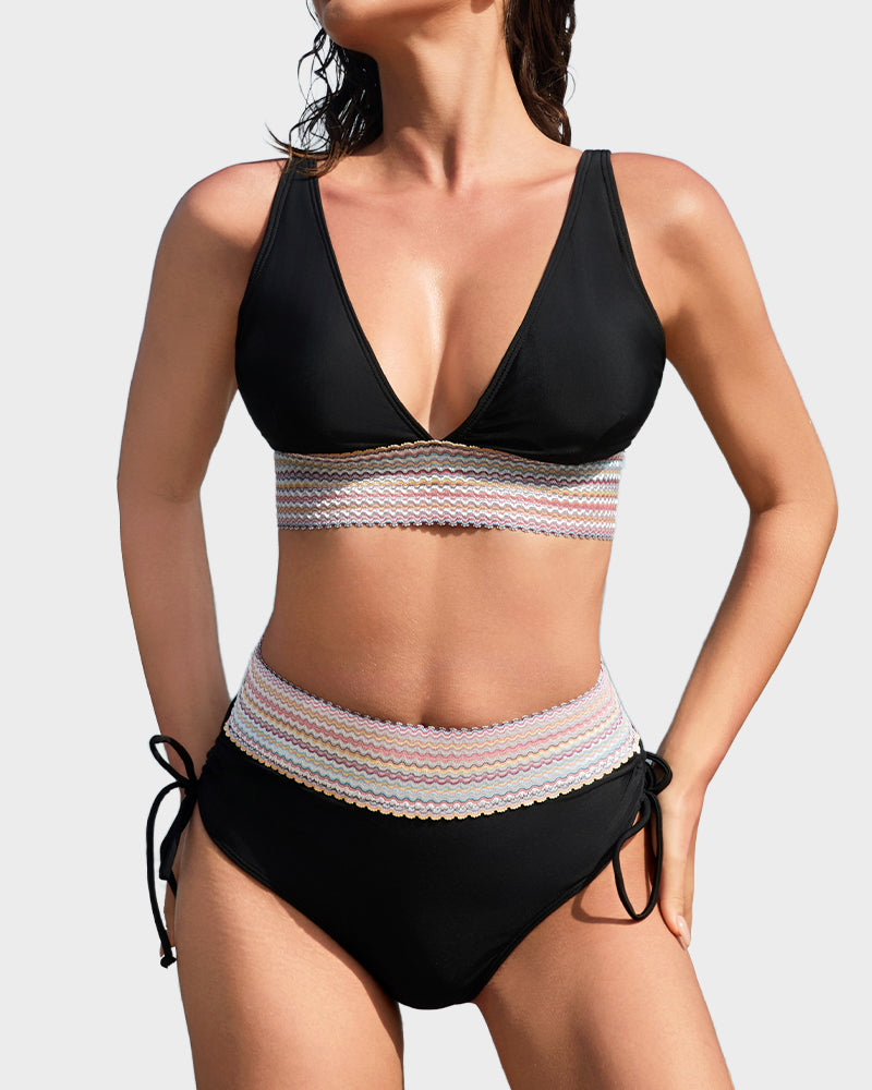 High Waisted Tummy Control Color Block Bikini Sets