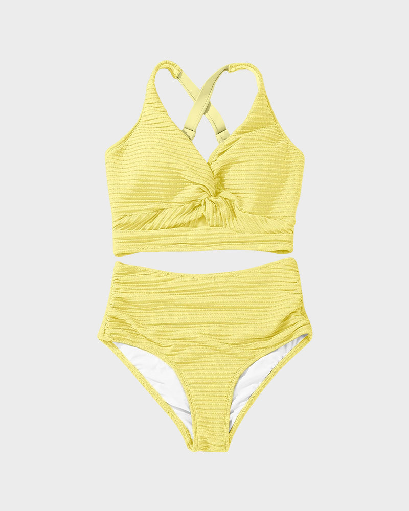 Textured Knot-Front High-Waisted Bikini Set